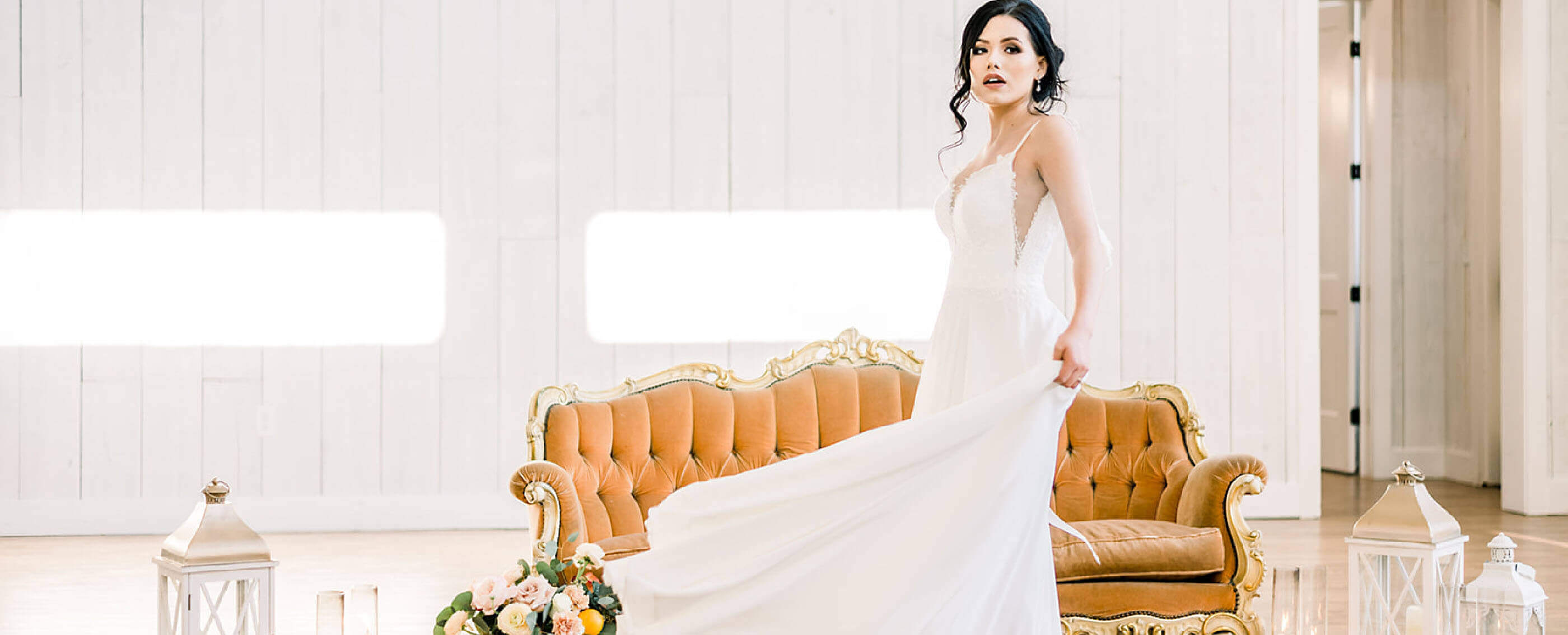 Bride choosing wedding dress at Something Blue Texas. Desktop Image